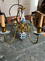 VINTAGE LUSTER KROONLUCHTER MESSING DELFT  BLAUW HANGLAMP, Huis en Inrichting, Lampen | Kroonluchters, Ophalen, Gebruikt, Overige materialen