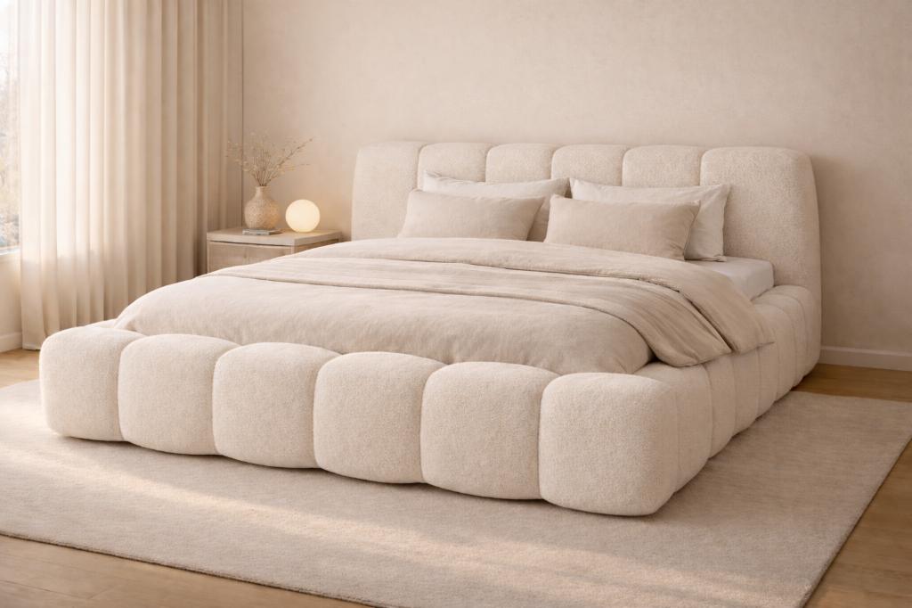 Lit Ariana 140x200 avec rangement, bouclé blanc cassé, neuf, Neuf, Tissu, Modern, tijdloos, 140 cm