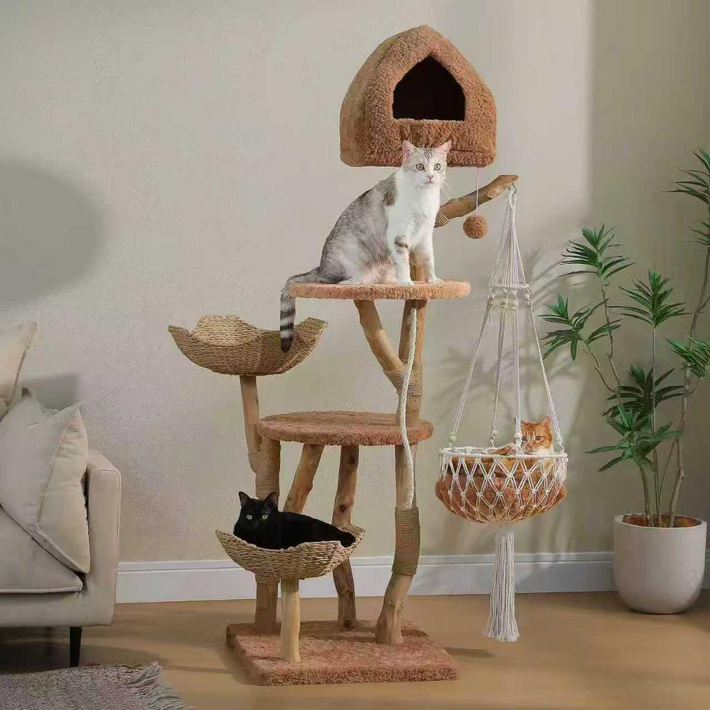180cm Natuurlijke Houten Kattenboom met Hangmand &Kattenhuis, Ophalen of Verzenden, Zo goed als nieuw