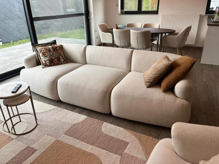 3-zit en fauteuil in beige geweven stof, Huis en Inrichting, Zetels | Zetels, Zo goed als nieuw, Stof, Ophalen