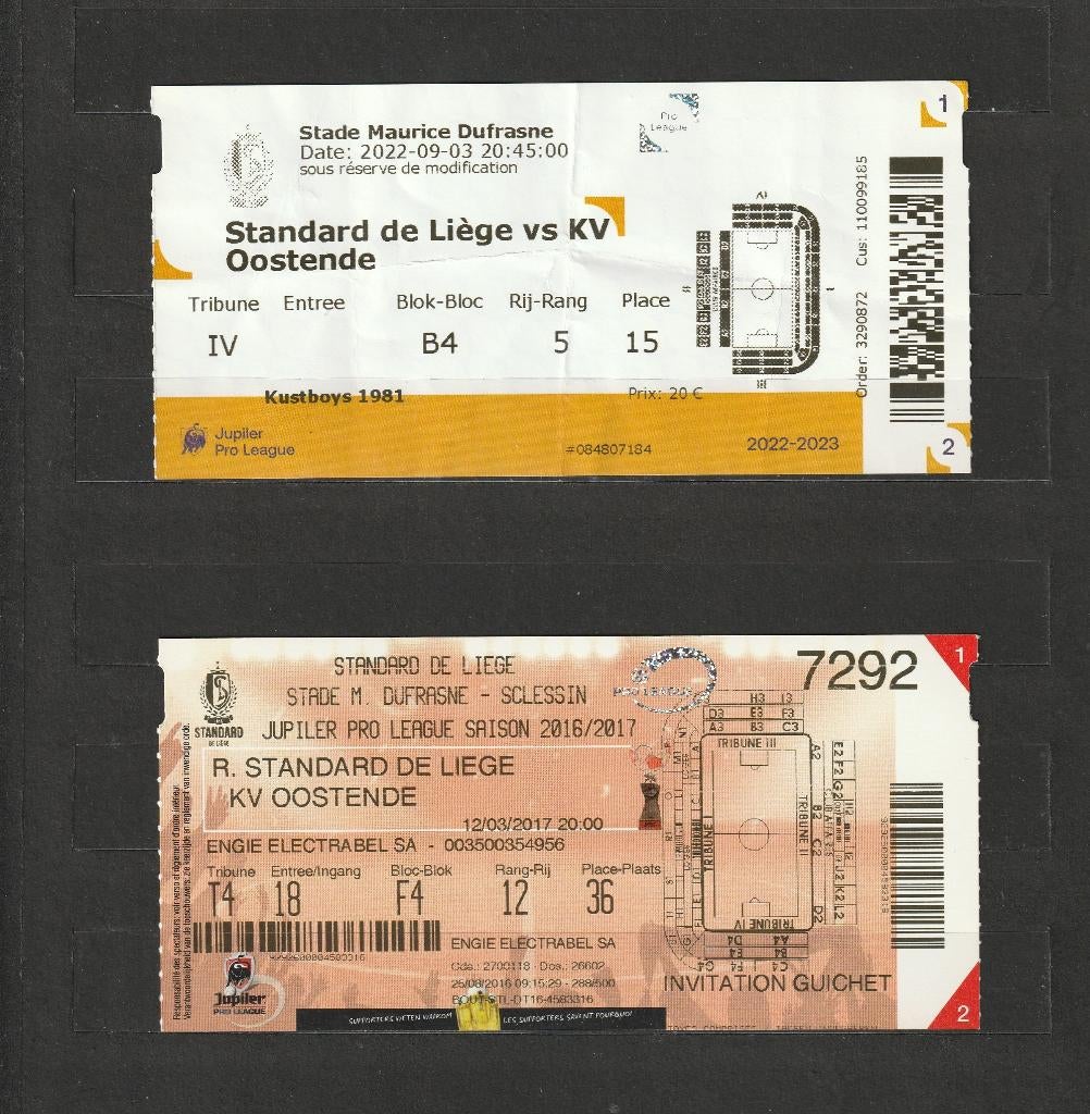 2 (gebruikte) tickets Standard - KV Oostende, 2017 en 2022, Ophalen of Verzenden, Gebruikt, Overige typen