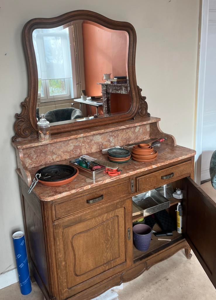 Antieke wastafelkast | marmer | spiegel | eik, Enlèvement, Meuble lavabo