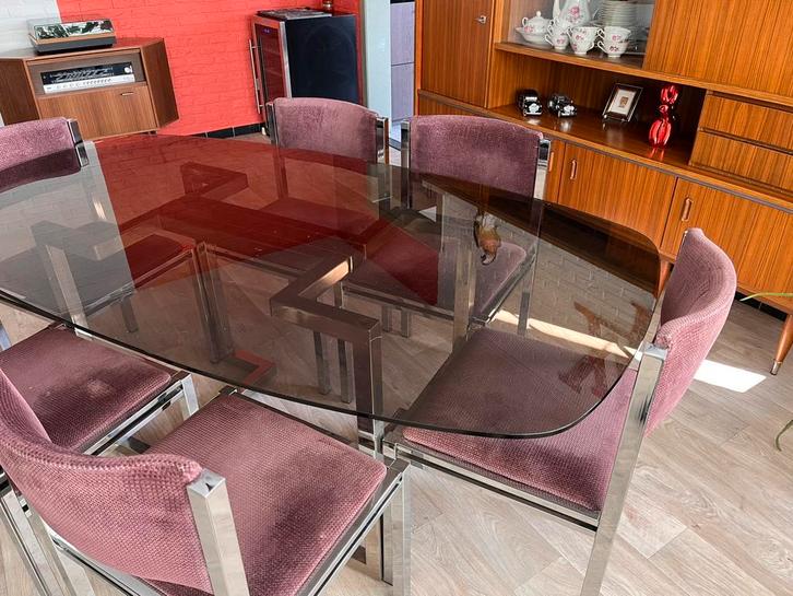 Vintage eettafel met rookglas, chromen onderstel + 4 stoelen, Huis en Inrichting, Tafels | Eettafels, Gebruikt, Vijf personen of meer