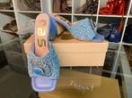 Mocassins RAS en raphia bleu, strass, talon large -39, Enlèvement ou Envoi, Comme neuf, Bleu, Sabots