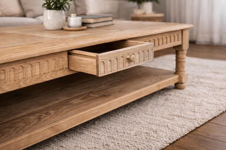 Landelijke massieve eiken salontafel – karaktervol topstuk, Huis en Inrichting, Tafels | Salontafels, Nieuw, Eikenhout, Ophalen