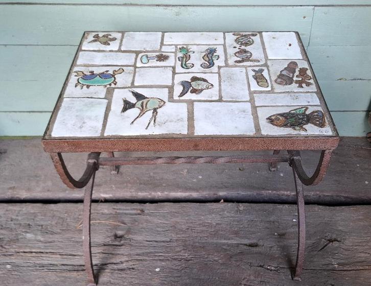 Vintage bijzettafeltje - plantentafel - keramische tegels, Antiek en Kunst, Curiosa en Brocante, Ophalen of Verzenden