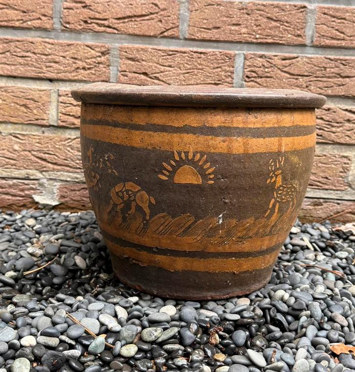 Vintage aardewerken bloempot met handgemaakt decor, Jardin & Terrasse, Bacs à fleurs & Jardinières, Comme neuf, Intérieur, Enlèvement