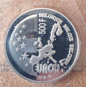 rare pièce en argent 500F 2001 Présidence belge 
