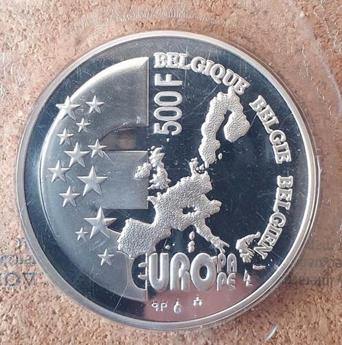zeldzame zilveren munt 500F 2001 Belgisch voorzitterschap, Postzegels en Munten, Edelmetalen en Baren, Zilver, Ophalen of Verzenden