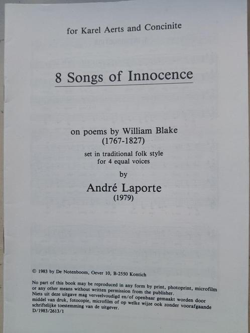 Koorpartituur   '8 Songs of Innocence'     André Laporte, Musique & Instruments, Partitions, Neuf, Autres genres, Chœur, Chant