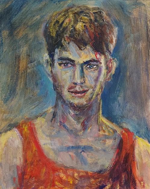 Mooi schilderij - portret van een mysterieuze jonge man, Antiek en Kunst, Kunst | Schilderijen | Modern, Ophalen of Verzenden