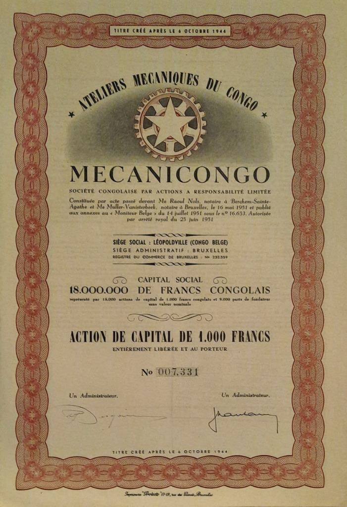 Ateliers Mecaniques du Congo - Léopoldville - 1951 - action, Postzegels en Munten, Aandelen en Waardepapieren, Aandeel, 1950 tot 1970