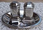 Brocante verzilverd peper & zout stelletje + onderschaaltje, Antiek en Kunst, Ophalen of Verzenden