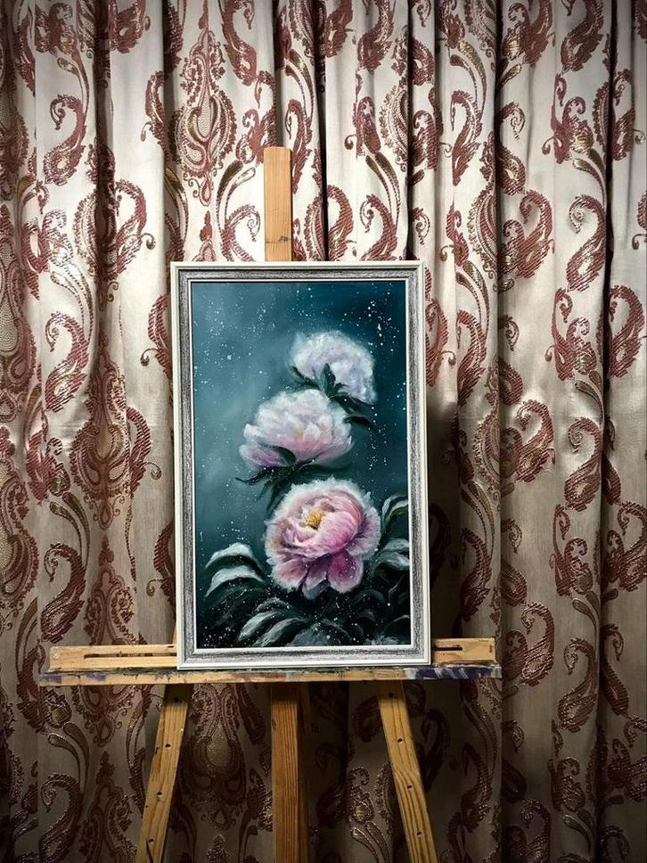 "Roze pioenen tegen een sterrenhemel Berglandschap met denn, Antiek en Kunst, Kunst | Schilderijen | Modern, Ophalen