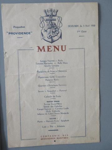 paquebot Providence Menu kaart 1950 Co. Messag. Maritimes beschikbaar voor biedingen
