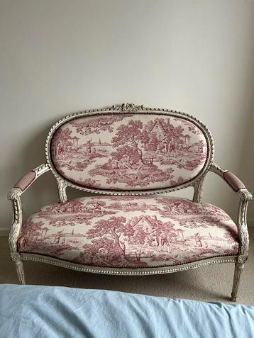Fauteuil 2 places toile de jouy, Maison & Meubles, Moins de 75 cm, Louis XVI, toile de jouy, fauteuil ancien, Comme neuf, Enlèvement