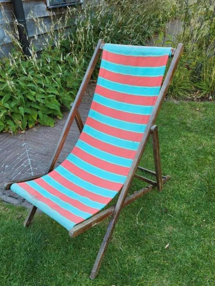 Vintage strandstoel, Tuin en Terras, Tuinstoelen, Verstelbaar, Ophalen