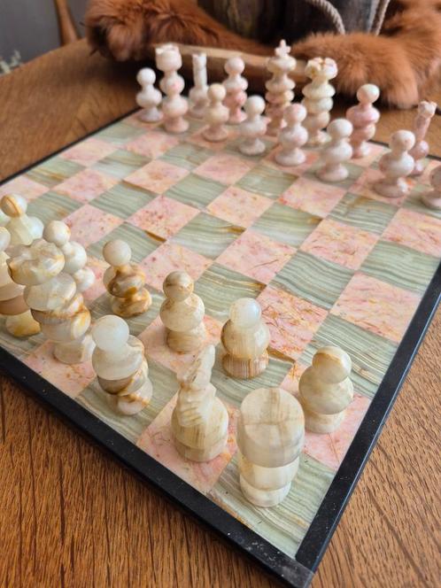 Vintage schaakspel onyx marmer 34 x 34 cm, Hobby en Vrije tijd, Gezelschapsspellen | Bordspellen, Zo goed als nieuw, Ophalen