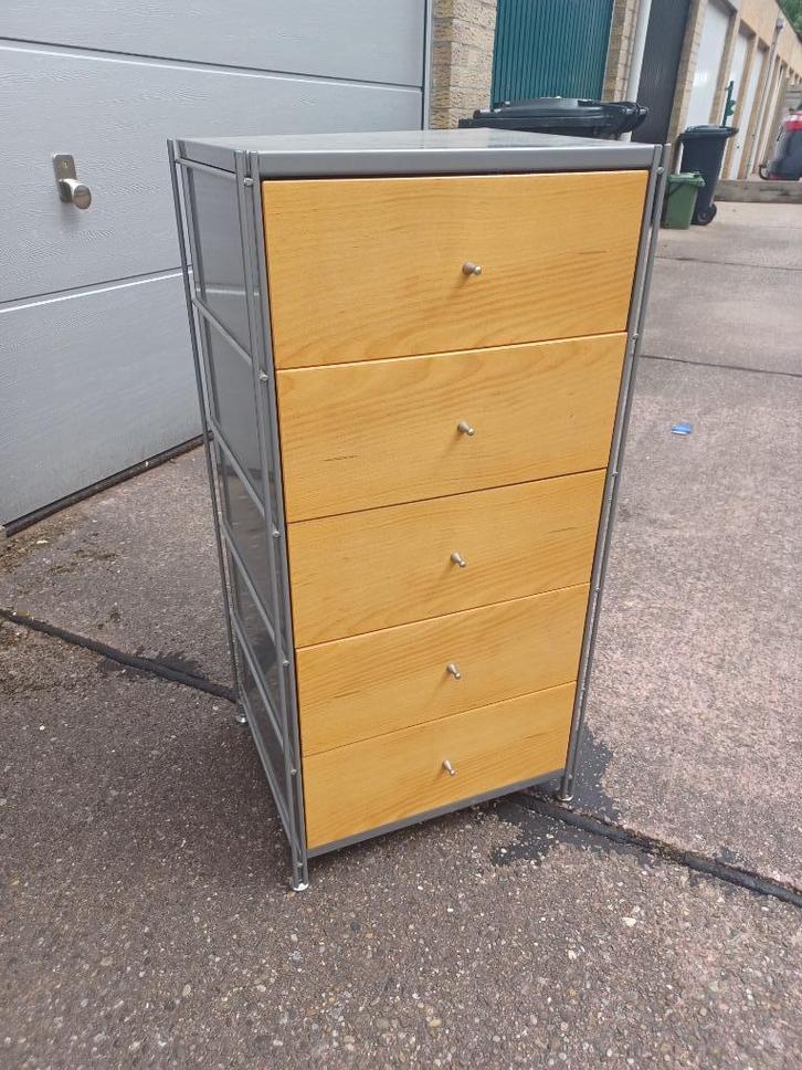 Metalen ladekast met 5 houten schuiven, Maison & Meubles, Armoires | Commodes, Comme neuf, Moins de 100 cm, 50 à 100 cm, 25 à 50 cm