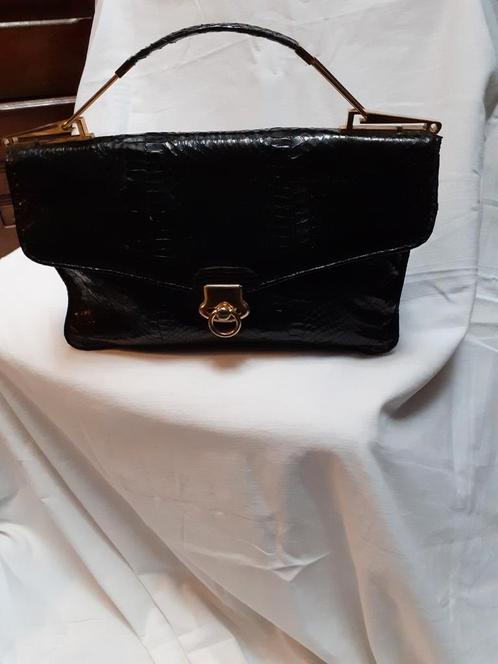 Vintage zwarte handtas in echt slangenleder., Handtassen en Accessoires, Tassen | Damestassen, Gebruikt, Handtas, Zwart, Ophalen of Verzenden