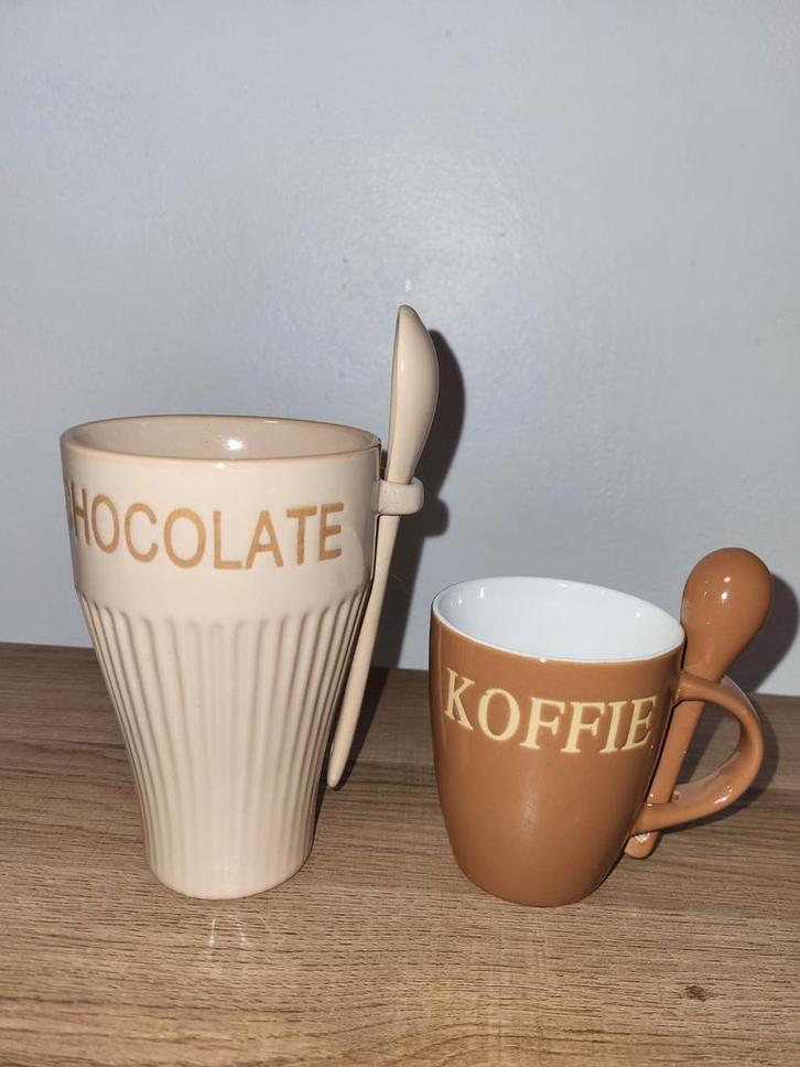 2 delige Warme Bruine mooie Grote vintage Latte Mok, Huis en Inrichting, Keuken | Servies, Zo goed als nieuw, Ophalen of Verzenden