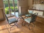 Glazen retro tafel met vier stoelen, Huis en Inrichting, Ophalen, Vierkant, Zo goed als nieuw, Metaal