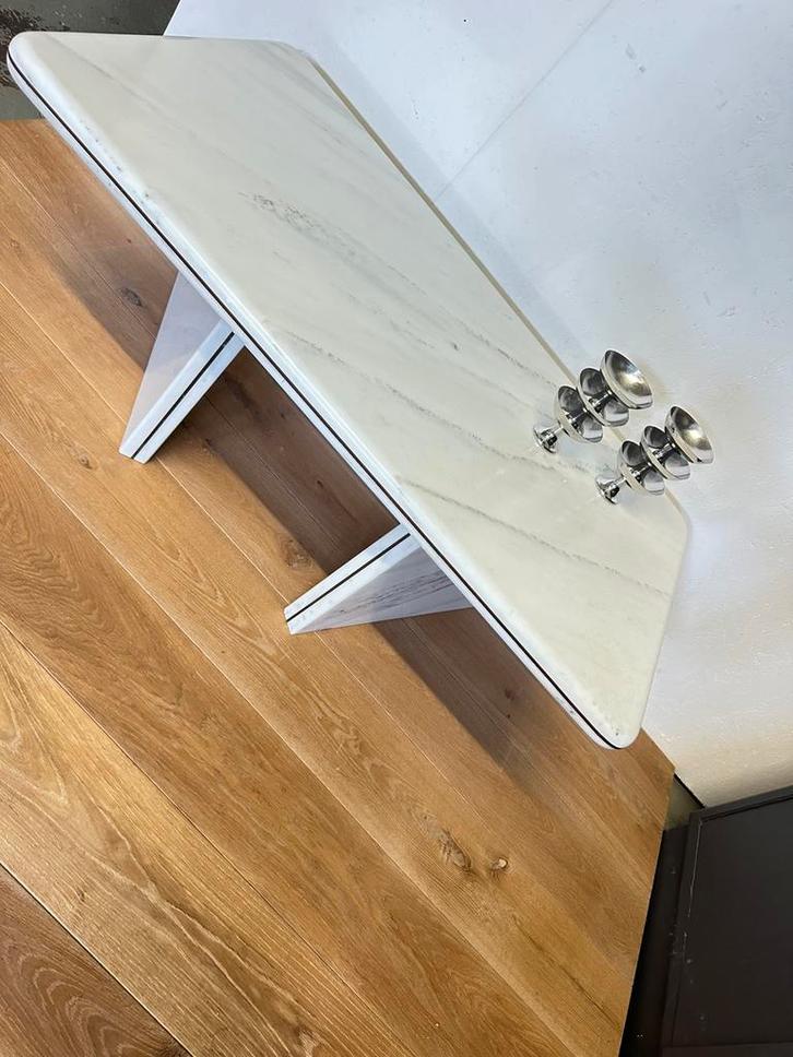 Vintage salontafel in travertin/marmer/messing, Huis en Inrichting, Tafels | Salontafels, Gebruikt, Rechthoekig, Ophalen