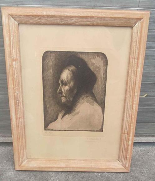 Gravure vieille dame signe René mallet, Antiek en Kunst, Kunst | Etsen en Gravures, Ophalen of Verzenden