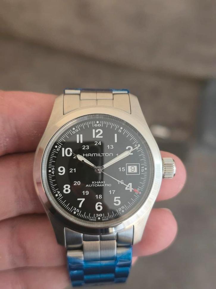 Te koop nieuwe Hamilton khaki field automatic 38mm, Handtassen en Accessoires, Horloges | Dames, Nieuw, Polshorloge, Staal, Staal