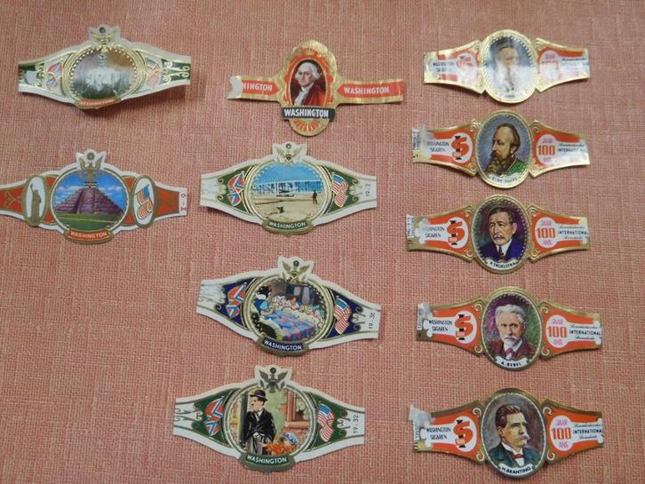 Fabrikantringen en onvolledige serie Washington, Verzamelen, Rookartikelen, Aanstekers en Luciferdoosjes, Gebruikt, Sigarenbandjes