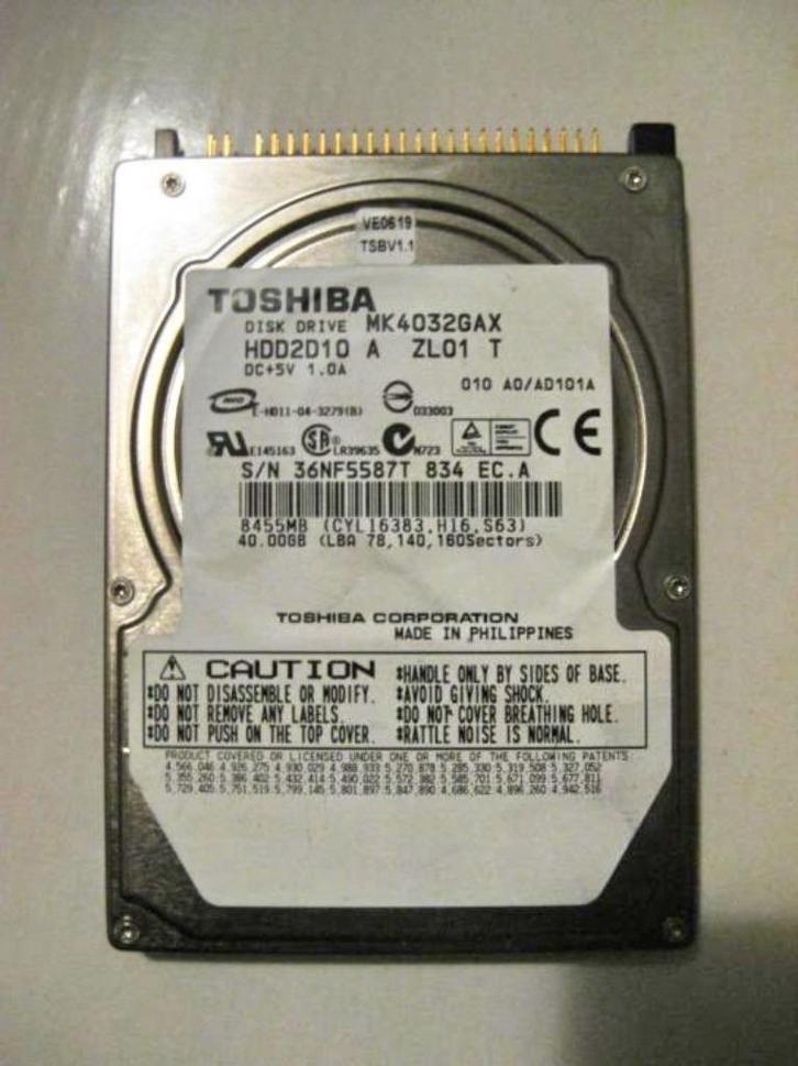 Toshiba MK4032GAX 40GB 5400rpm 2,5" IDE laptop harddisk, Computers en Software, Harde schijven, Gebruikt, Laptop, Intern, HDD