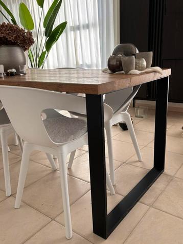 Eettafel met eiken blad en stalen U poten, Huis en Inrichting, Ophalen, Eikenhout, 50 tot 100 cm, Vijf personen of meer