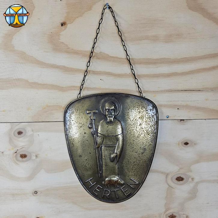 Antiek koperen reliëf Sint-Antonius Abt  ca 1910/1925 Herten, Antiek en Kunst, Antiek | Religieuze voorwerpen, Ophalen of Verzenden