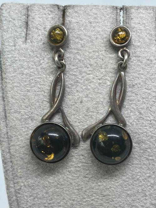 Zilveren Oorbellen met Zwarte Amber/Barnsteen, Bijoux, Sacs & Beauté, Boucles d'oreilles, Neuf, Puces ou Clous, Argent, Autres couleurs