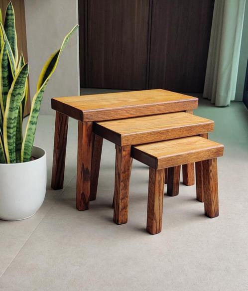 Prachtige mimiset brutalistische bijzettafels, Huis en Inrichting, Tafels | Sidetables, Zo goed als nieuw, Eikenhout, Ophalen of Verzenden