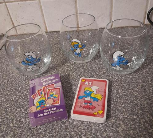 3 Smurfen glazen en smurfen kwartetspel, Verzamelen, Smurfen, Zo goed als nieuw, Ophalen of Verzenden