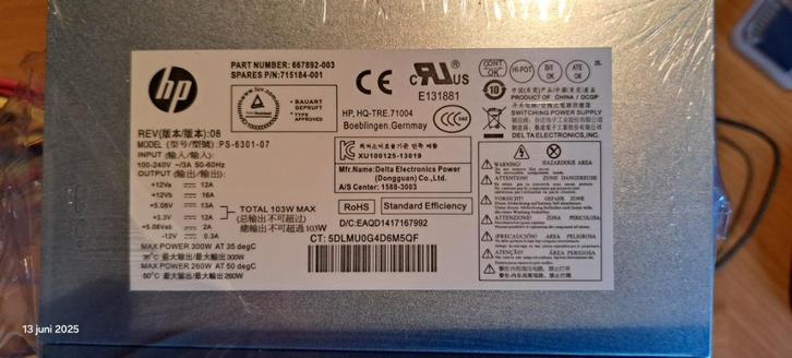 HP onderdeel voeding 667892-003 715184-001 voor PC, Computers en Software, Interne voedingen, Nieuw, Ophalen