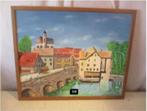 Leuk Geschilderd Werk 'Oude Brug en Stad' - L Nijs, Antiek en Kunst, Ophalen of Verzenden