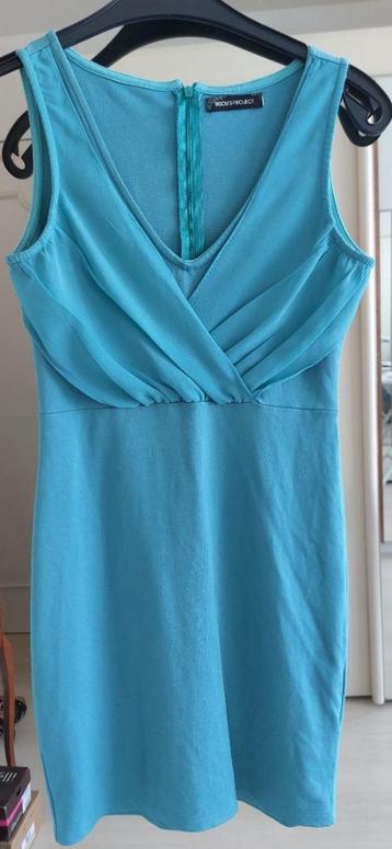 Robe été soirée moulante turquoise, cache-cœur, tirette S