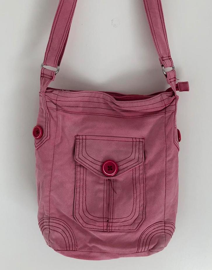 vintage katoenen schoudertas effen roze, Handtassen en Accessoires, Tassen | Schoudertassen, Gebruikt, Roze, Ophalen of Verzenden