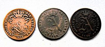Lot (3) 3 pièces de 1 centime (Léopold II & Albert I) beschikbaar voor biedingen