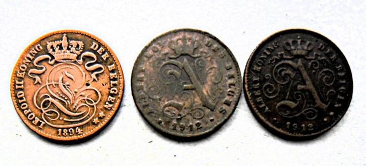 Lot (3) 3 pièces de 1 centime (Léopold II & Albert I), Postzegels en Munten, Munten | België, Losse munt, Overig, Verzenden