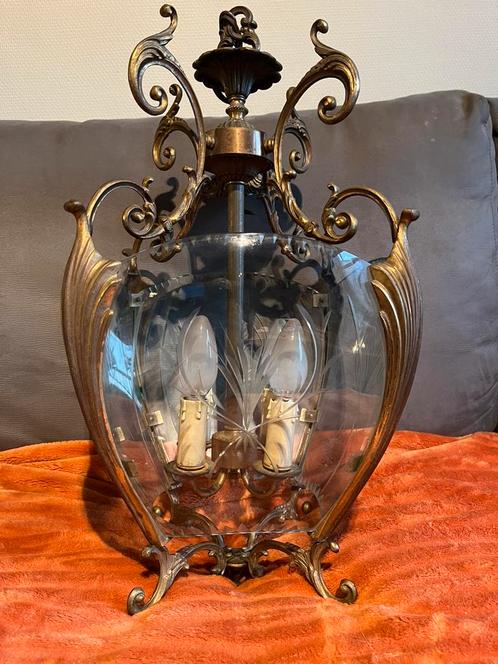 Lustre lanterne en bronze doré- authentique années 50, Huis en Inrichting, Lampen | Kroonluchters, Zo goed als nieuw, Ophalen