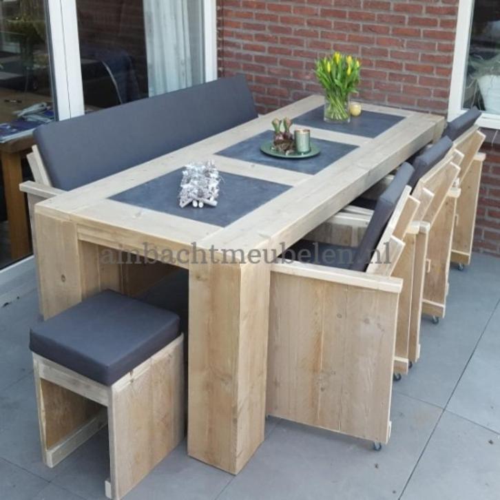 steigerhout tuinset exclusive TAFEL MET NATUURSTEEN Actie, Tuin en Terras, Tuinsets en Loungesets, Nieuw, Tuinset, Steigerhout