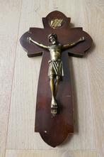 Très Ancien Crucifix en Bois et Bronze 34 cm x 19 cm, Enlèvement