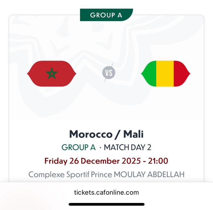 Africa Cup Ticket 1x Marokko - Mali / 26 December, Tickets en Kaartjes, Sport | Voetbal, December