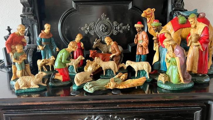 Ant gipsen kerstgroep 22 cm hoge staande beeldjes kompleet, Antiek en Kunst, Antiek | Religieuze voorwerpen, Ophalen