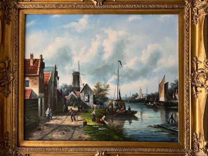 Schilderij riviergezicht in de Nederlandse stijl., Antiek en Kunst, Kunst | Schilderijen | Klassiek, Ophalen