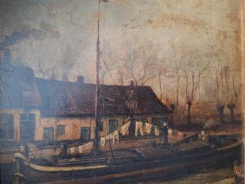 Mooi schilderij Karel Van Kemmel Huizen aan kanaal uit 1898 beschikbaar voor biedingen