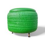 Vintage Poef Met Opbergruimte Op Pootjes, Groen Skai, Huis en Inrichting, Minder dan 50 cm, Gebruikt, Rond, Minder dan 50 cm